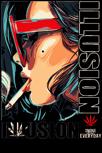 Vector de persona fumando con gafas rojas, efecto psicodélico naranja/cian, texto 'ILLUSION' vertical, hoja de cannabis